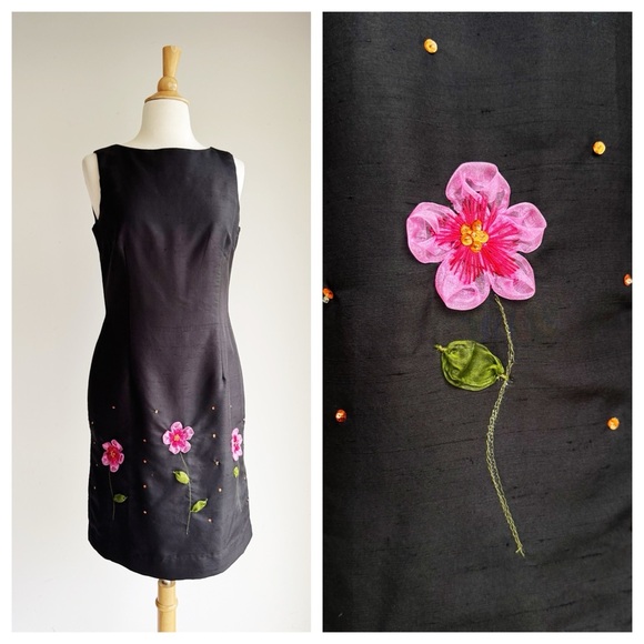 VINTAGE EAGLE'S EYE Black Silk Floral Trimmed Sheath Dress 4 - Picture 1 of 8